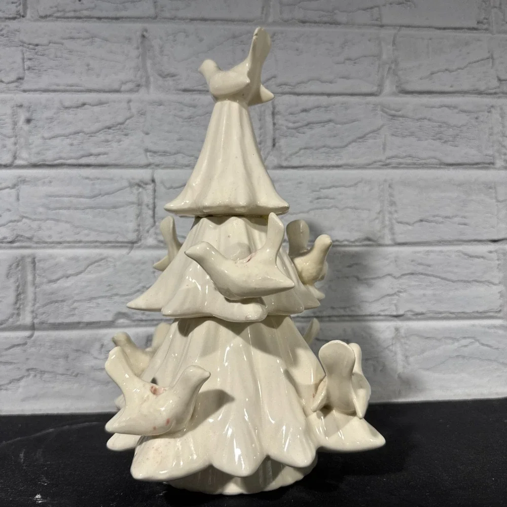 Vintage MCM Ceramic Christmas Tree White With Dove Candlestick Holders 9.5